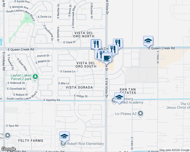 map of restaurants, bars, coffee shops, grocery stores, and more near 1509 East Cassia Court in Gilbert