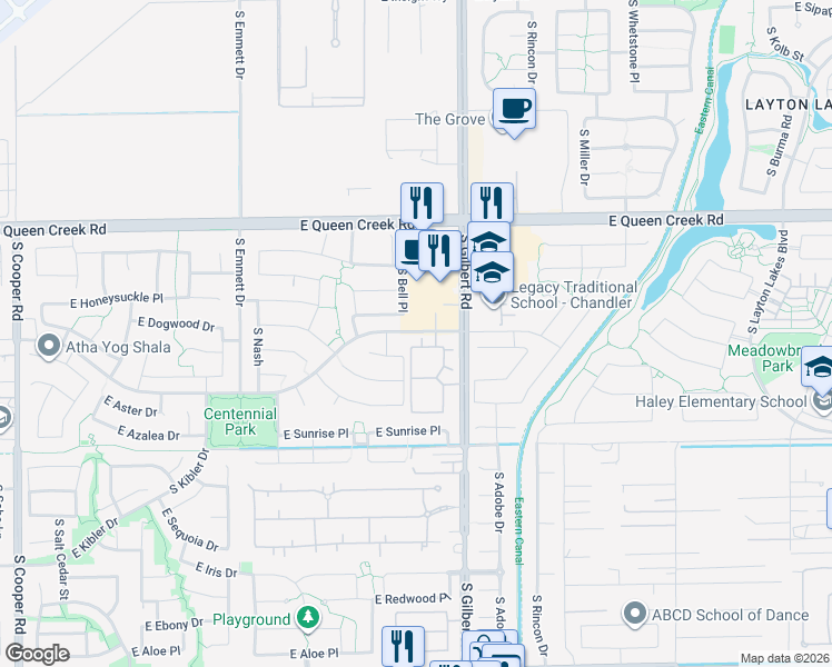 map of restaurants, bars, coffee shops, grocery stores, and more near 2845 East Honeysuckle Place in Chandler