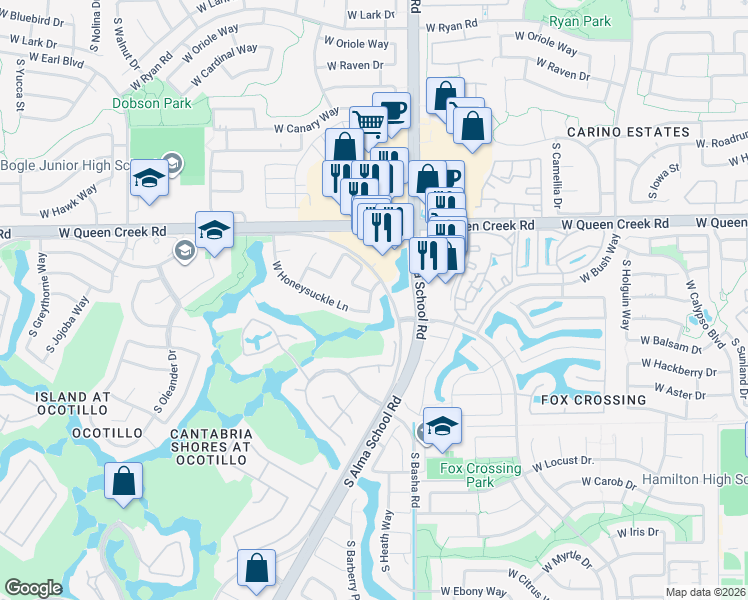 map of restaurants, bars, coffee shops, grocery stores, and more near 1163 West Lantana Drive in Chandler