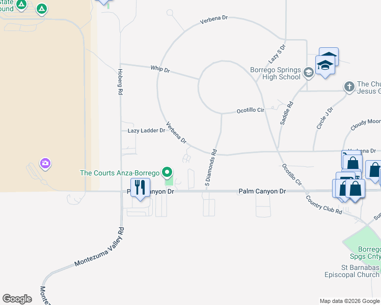 map of restaurants, bars, coffee shops, grocery stores, and more near 375 Verbena Drive in Borrego Springs