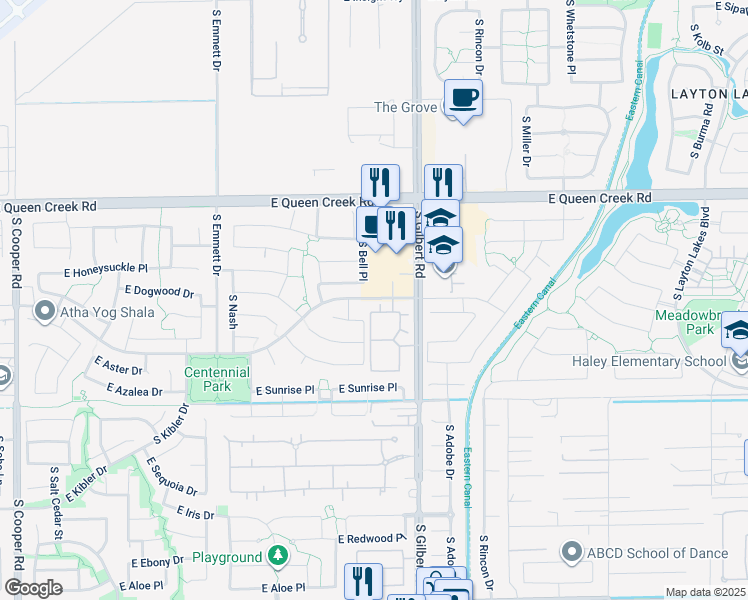 map of restaurants, bars, coffee shops, grocery stores, and more near 2845 East Honeysuckle Place in Chandler