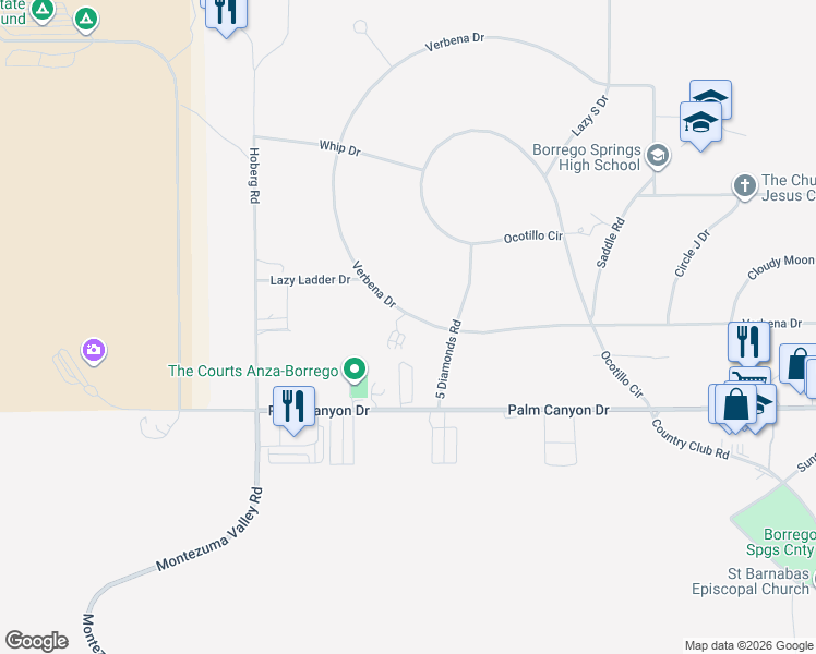 map of restaurants, bars, coffee shops, grocery stores, and more near 375 Verbena Drive in Borrego Springs