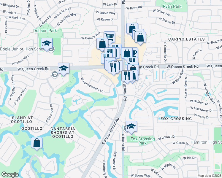 map of restaurants, bars, coffee shops, grocery stores, and more near 1163 West Lantana Drive in Chandler