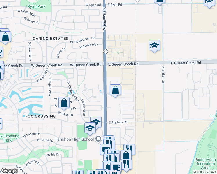 map of restaurants, bars, coffee shops, grocery stores, and more near 3210 South Arizona Avenue in Chandler