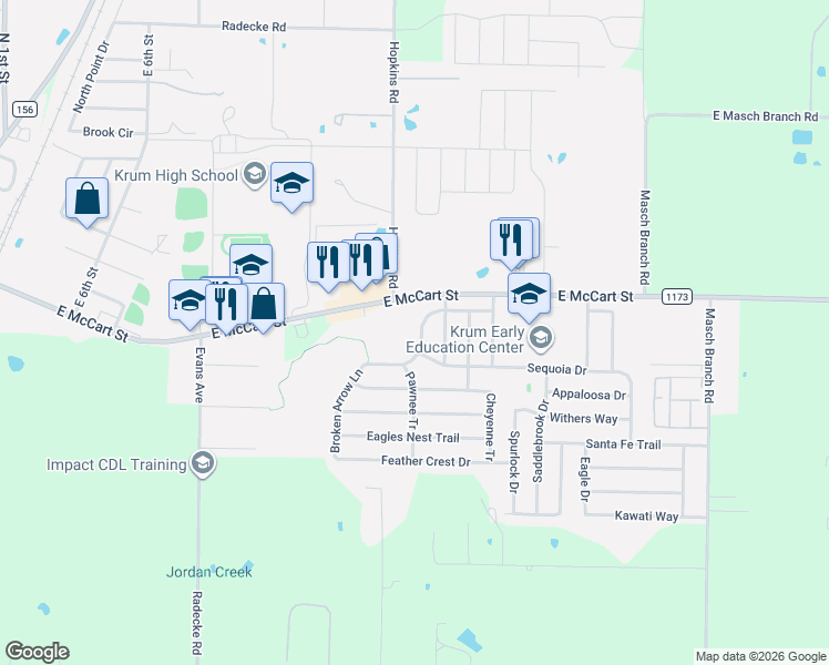 map of restaurants, bars, coffee shops, grocery stores, and more near 1316 Dakota Trail in Krum