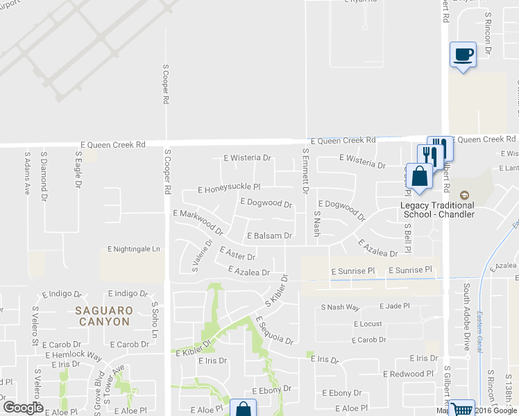 map of restaurants, bars, coffee shops, grocery stores, and more near 2323 E Dogwood Dr in Chandler