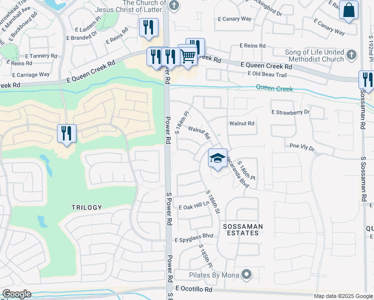 map of restaurants, bars, coffee shops, grocery stores, and more near East Peachtree Boulevard in Queen Creek