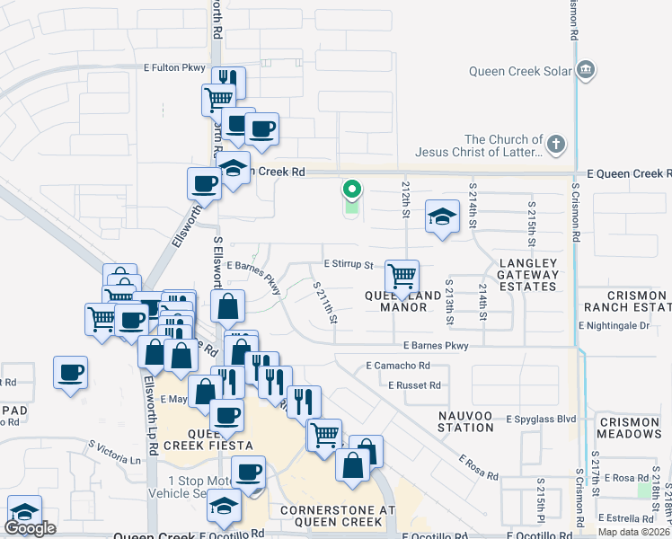 map of restaurants, bars, coffee shops, grocery stores, and more near 21131 East Stirrup Street in Queen Creek