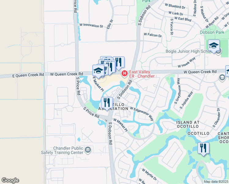 map of restaurants, bars, coffee shops, grocery stores, and more near 3200 South Dobson Road in Chandler