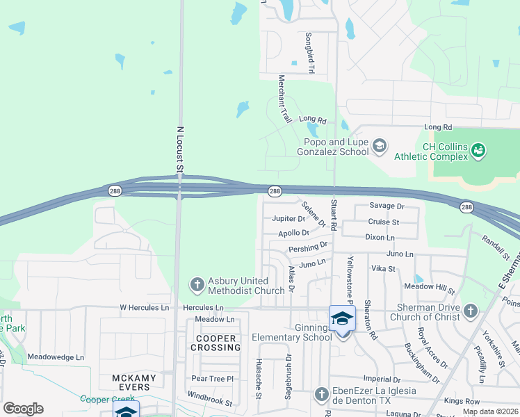 map of restaurants, bars, coffee shops, grocery stores, and more near 4205 Redstone Road in Denton