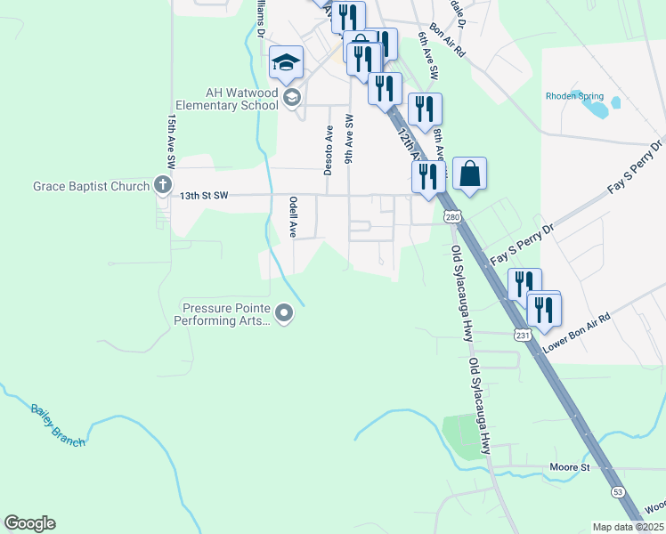 map of restaurants, bars, coffee shops, grocery stores, and more near 26 Burton Lane in Childersburg