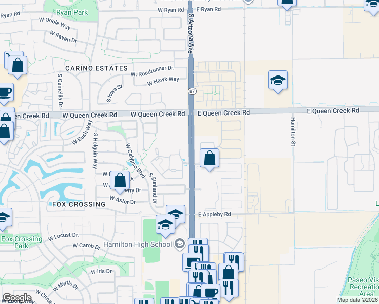 map of restaurants, bars, coffee shops, grocery stores, and more near 3210 South Arizona Avenue in Chandler
