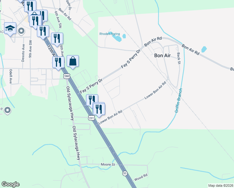 map of restaurants, bars, coffee shops, grocery stores, and more near 255 Lower Bon Air Road in Sylacauga
