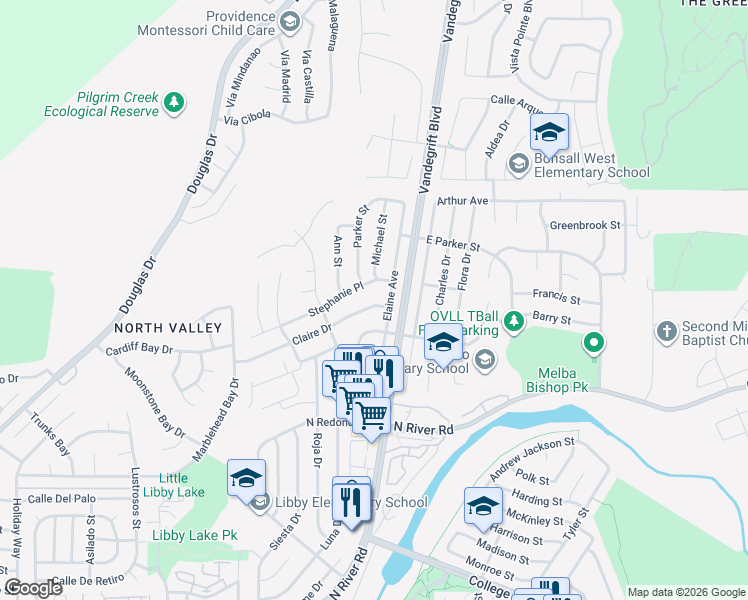 map of restaurants, bars, coffee shops, grocery stores, and more near 4948 Claire Drive in Oceanside