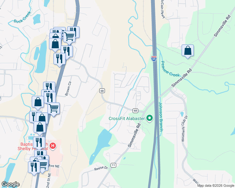 map of restaurants, bars, coffee shops, grocery stores, and more near 144 Timberleaf Circle in Alabaster