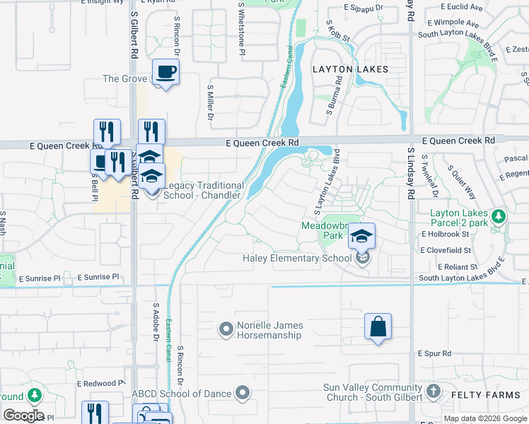 map of restaurants, bars, coffee shops, grocery stores, and more near 3499 East Desert Broom Drive in Chandler