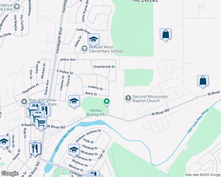 map of restaurants, bars, coffee shops, grocery stores, and more near 5284 Leon Street in Oceanside