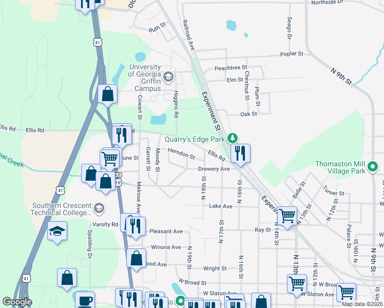 map of restaurants, bars, coffee shops, grocery stores, and more near 1223 Herndon Street in Griffin