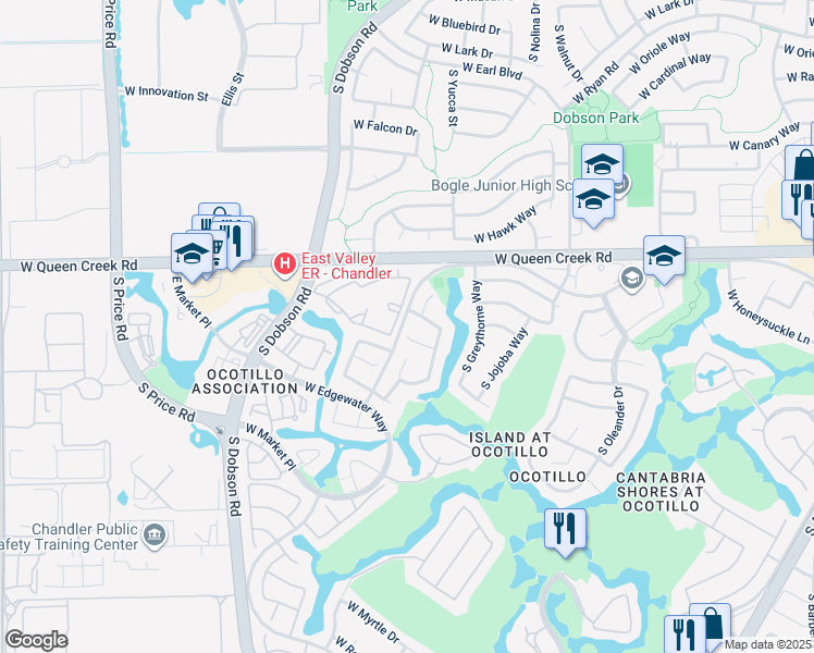 map of restaurants, bars, coffee shops, grocery stores, and more near 2080 West Boulder Court in Chandler