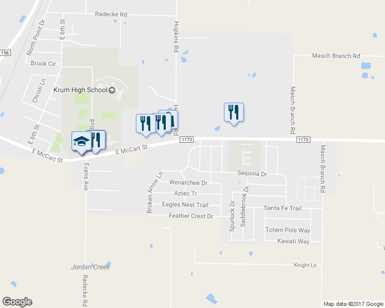 map of restaurants, bars, coffee shops, grocery stores, and more near 1316 Dakota Trail in Krum