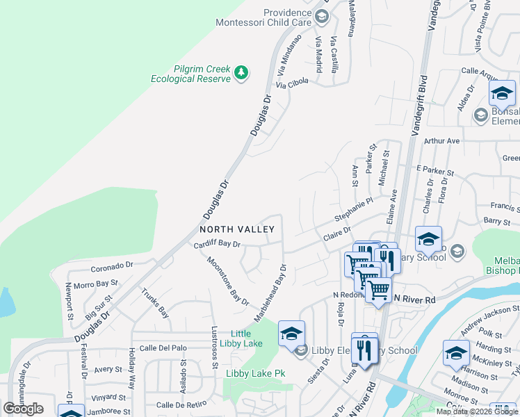 map of restaurants, bars, coffee shops, grocery stores, and more near 4863 Marblehead Bay Drive in Oceanside