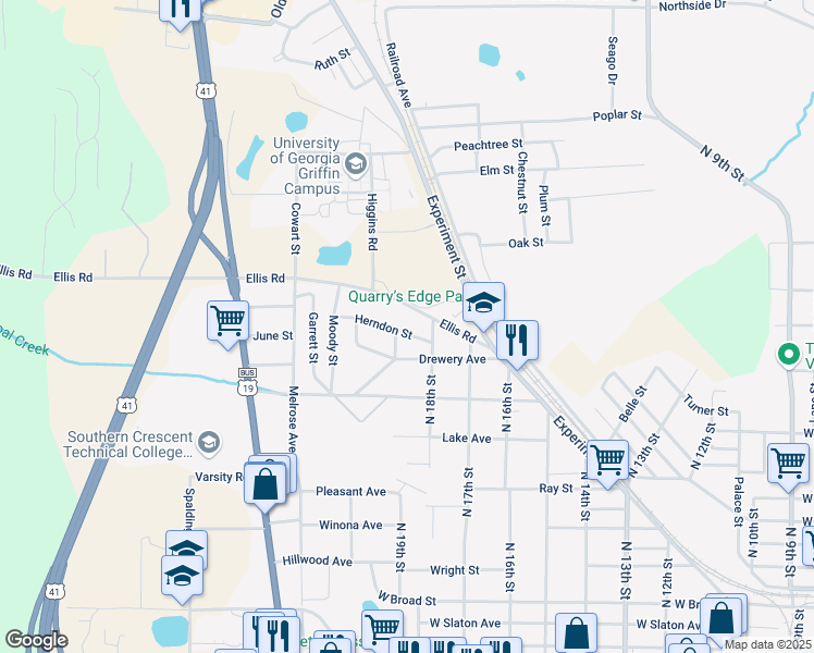 map of restaurants, bars, coffee shops, grocery stores, and more near 1223 Herndon Street in Griffin