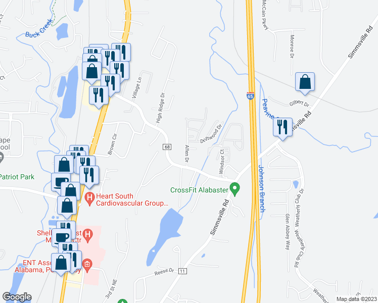 map of restaurants, bars, coffee shops, grocery stores, and more near 100 Timberleaf Circle in Alabaster
