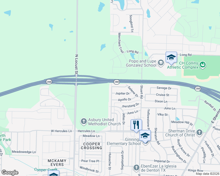map of restaurants, bars, coffee shops, grocery stores, and more near 4205 Redstone Road in Denton