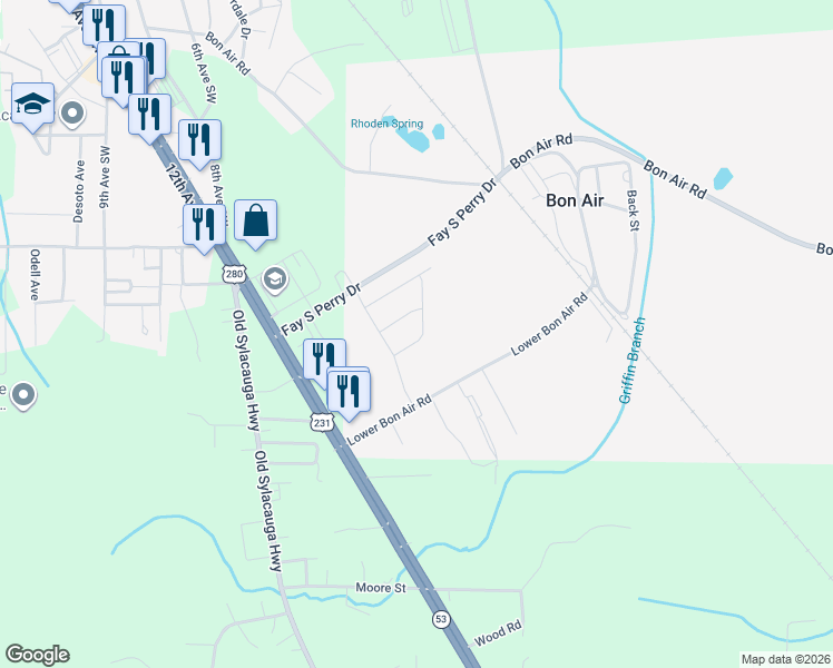 map of restaurants, bars, coffee shops, grocery stores, and more near 255 Lower Bon Air Road in Sylacauga