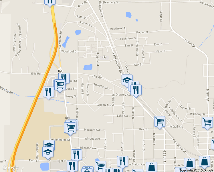 map of restaurants, bars, coffee shops, grocery stores, and more near 1223 Herndon Street in Griffin