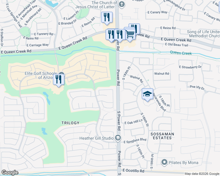 map of restaurants, bars, coffee shops, grocery stores, and more near 4750 East Nightingale Lane in Gilbert
