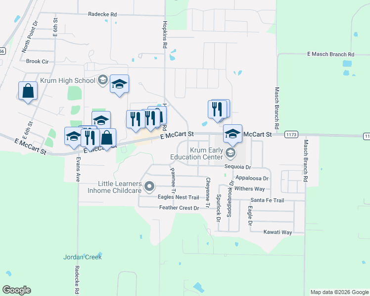 map of restaurants, bars, coffee shops, grocery stores, and more near 1316 Dakota Trail in Krum