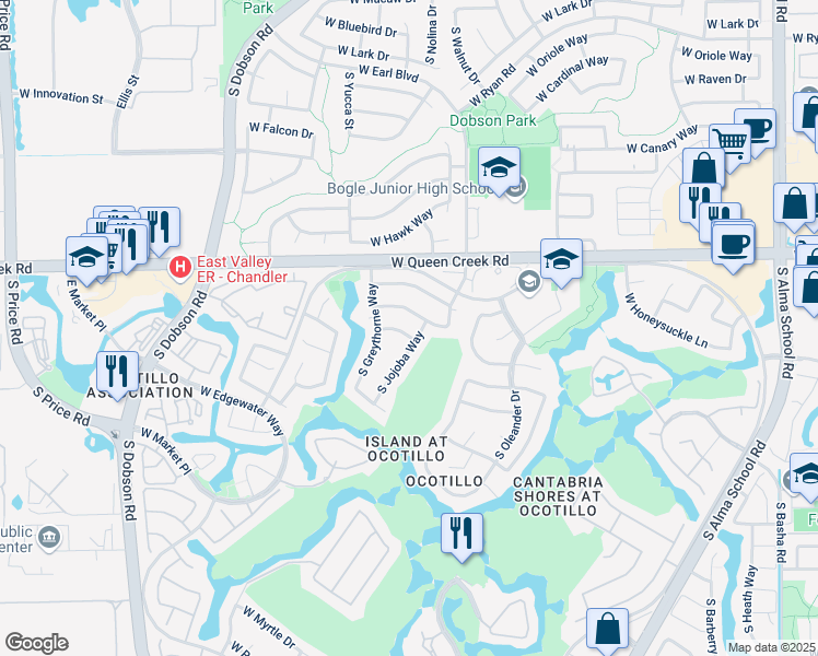 map of restaurants, bars, coffee shops, grocery stores, and more near 1850 West Honeysuckle Lane in Chandler