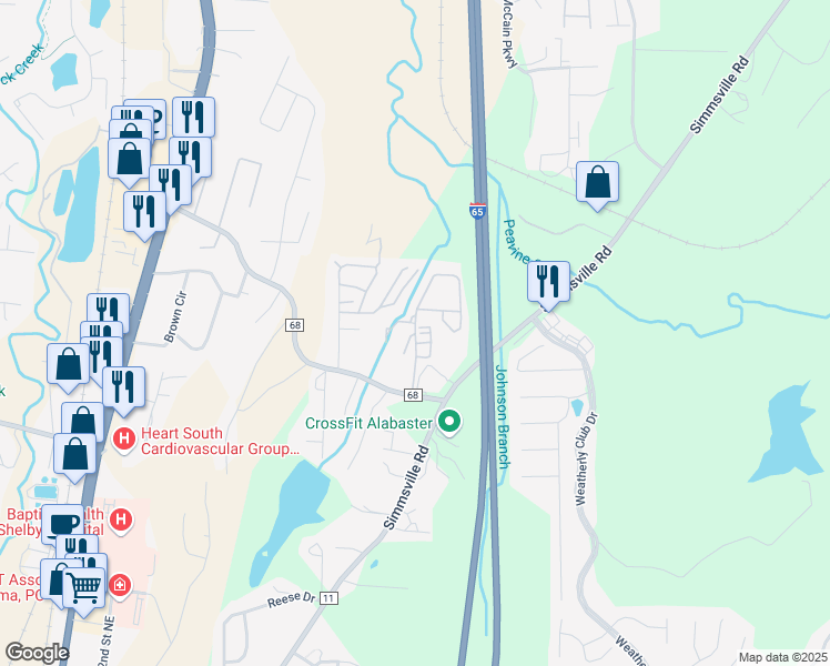 map of restaurants, bars, coffee shops, grocery stores, and more near Windsor Court in Alabaster