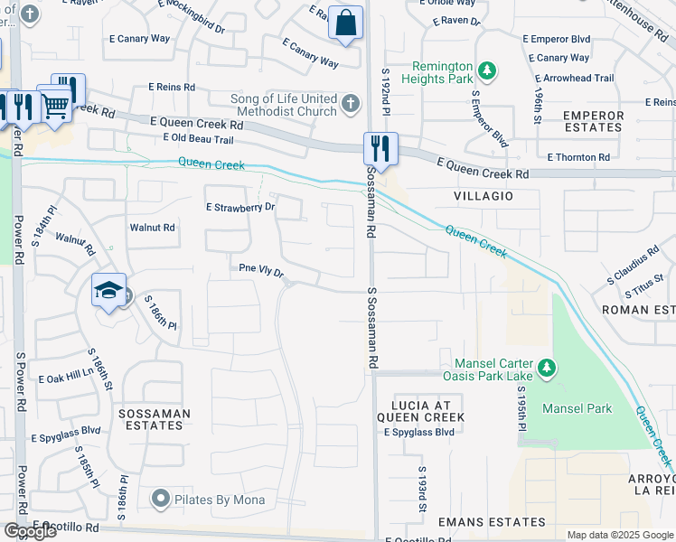 map of restaurants, bars, coffee shops, grocery stores, and more near 19124 East Peartree Lane in Queen Creek