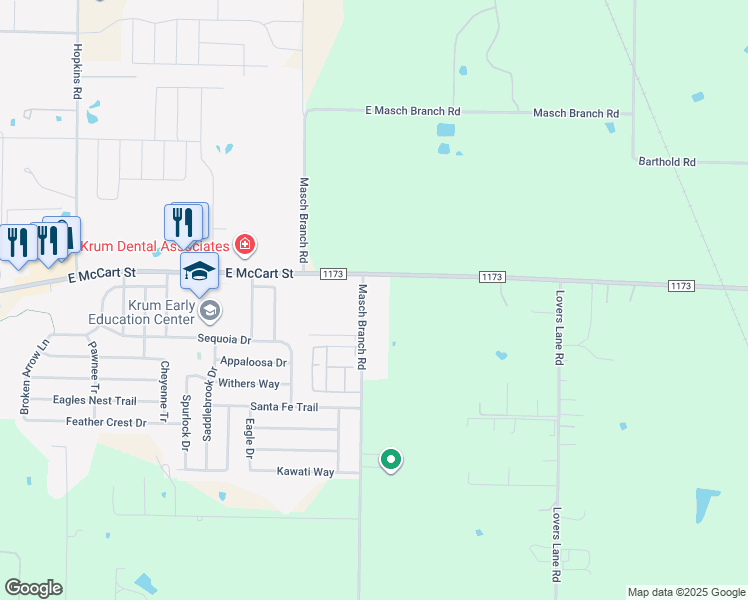 map of restaurants, bars, coffee shops, grocery stores, and more near 5000 Masch Branch Road in Krum