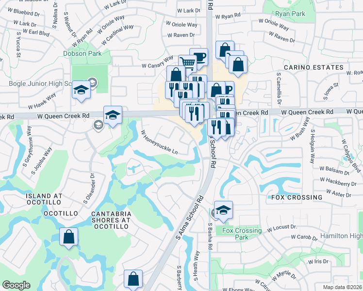 map of restaurants, bars, coffee shops, grocery stores, and more near 1163 West Lantana Drive in Chandler