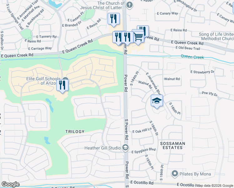 map of restaurants, bars, coffee shops, grocery stores, and more near 4750 East Nightingale Lane in Gilbert
