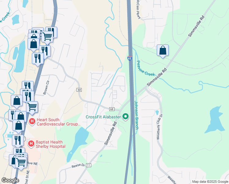 map of restaurants, bars, coffee shops, grocery stores, and more near 1500 Windsor Court in Alabaster