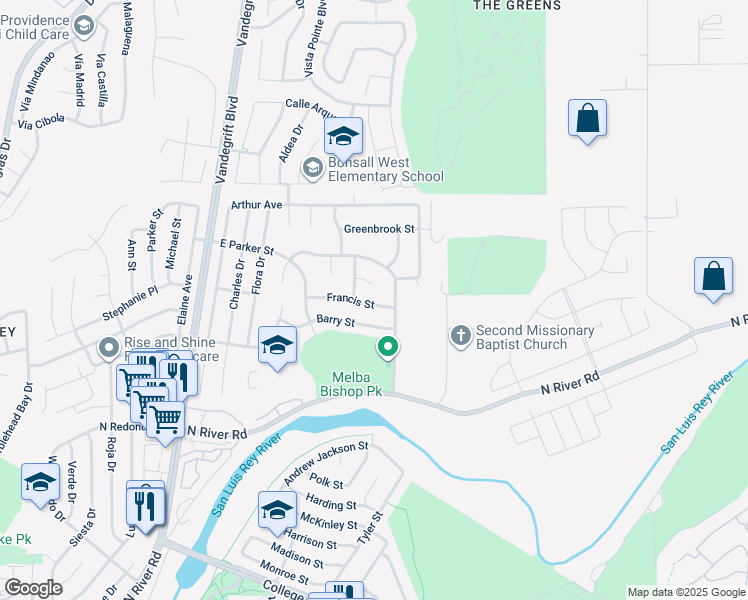 map of restaurants, bars, coffee shops, grocery stores, and more near 5148 Francis Street in Oceanside