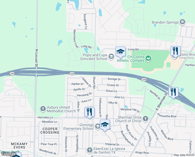 map of restaurants, bars, coffee shops, grocery stores, and more near 4225 Fiste in Denton