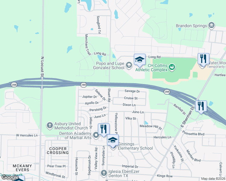 map of restaurants, bars, coffee shops, grocery stores, and more near 4225 Fiste in Denton