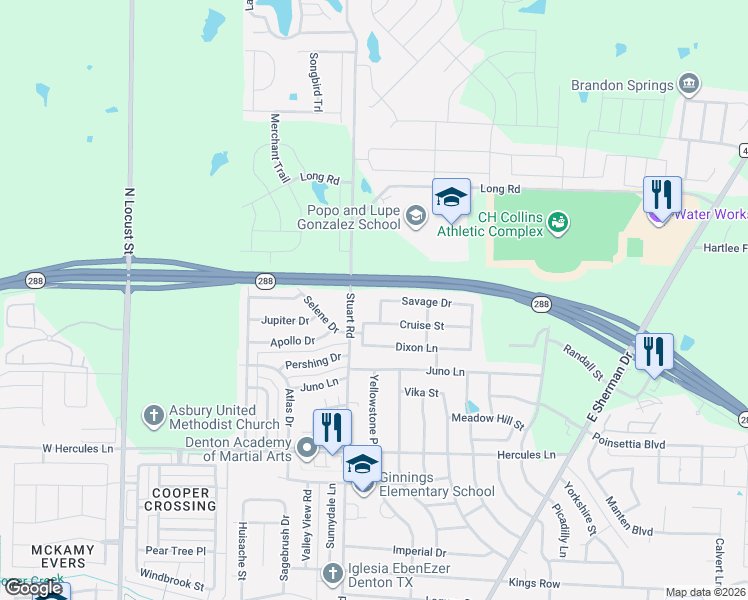 map of restaurants, bars, coffee shops, grocery stores, and more near 817 Savage Drive in Denton