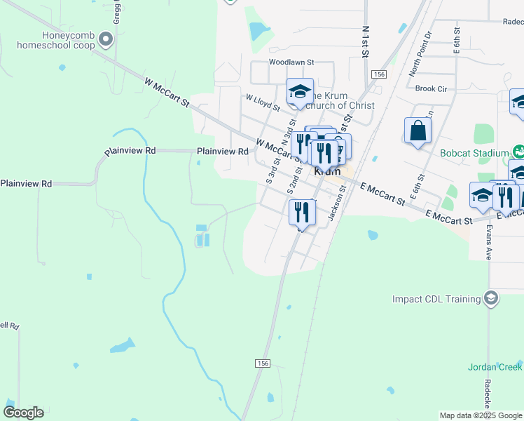 map of restaurants, bars, coffee shops, grocery stores, and more near 341 Jagoe Street in Krum