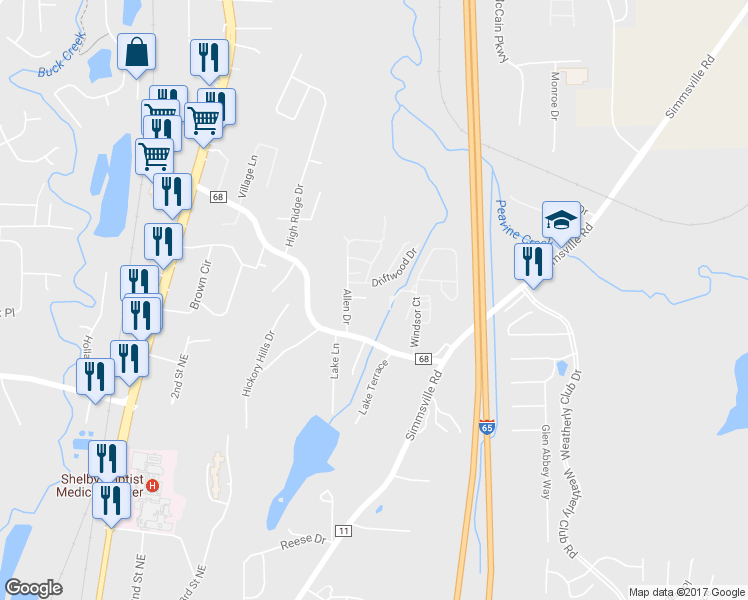 map of restaurants, bars, coffee shops, grocery stores, and more near 144 Timberleaf Circle in Alabaster