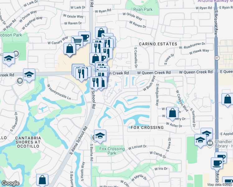 map of restaurants, bars, coffee shops, grocery stores, and more near 13 West Bush Way in Chandler