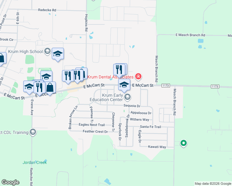 map of restaurants, bars, coffee shops, grocery stores, and more near 106 Blackforest Rd in Krum