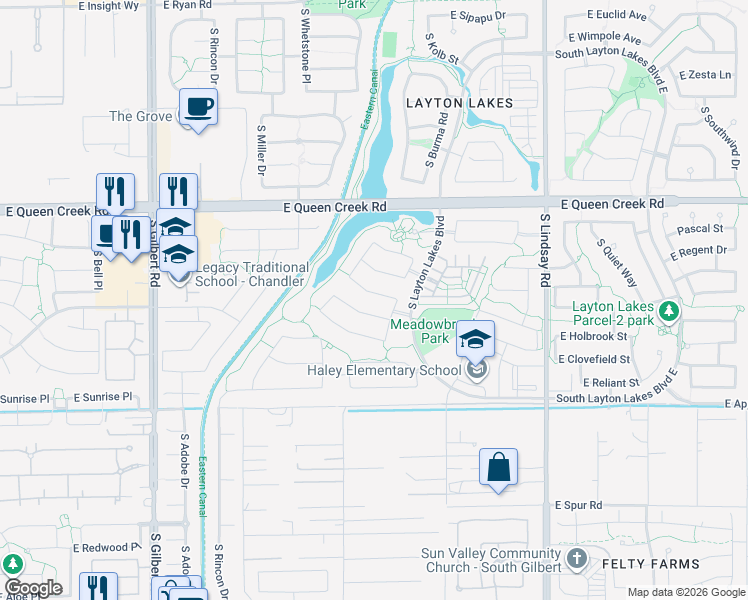 map of restaurants, bars, coffee shops, grocery stores, and more near 3551 East Dogwood Drive in Chandler