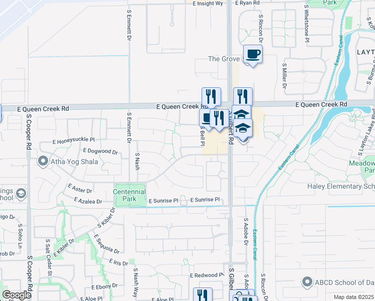 map of restaurants, bars, coffee shops, grocery stores, and more near 2795 East Honeysuckle Place in Chandler