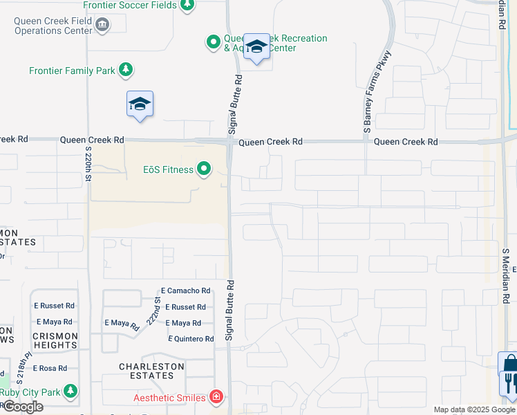map of restaurants, bars, coffee shops, grocery stores, and more near 22489 East Saddle Court in Queen Creek